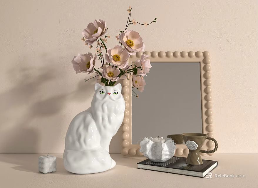 Decorative Ornament Set With Cat Shaped Vase Pink Flowers Beaded Frame Mirror And Golden Cup 3d model 
