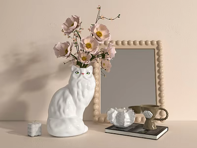 Decorative Ornament Set With Cat Shaped Vase Pink Flowers Beaded Frame Mirror And Golden Cup 3d model