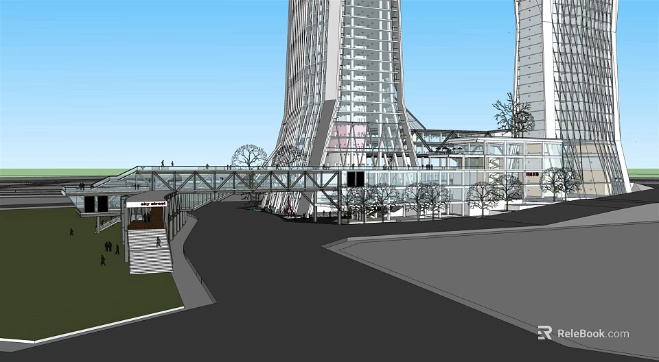 Modern Twin Office Building Towers With Glass Facade And Landscaped Walkways 3d model 
