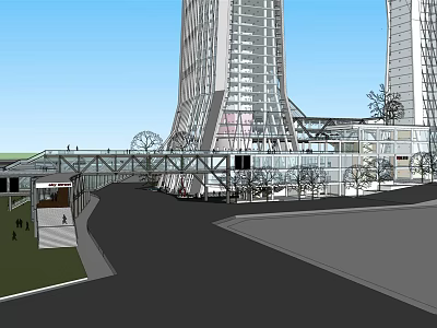 Modern Twin Office Building Towers With Glass Facade And Landscaped Walkways 3d model