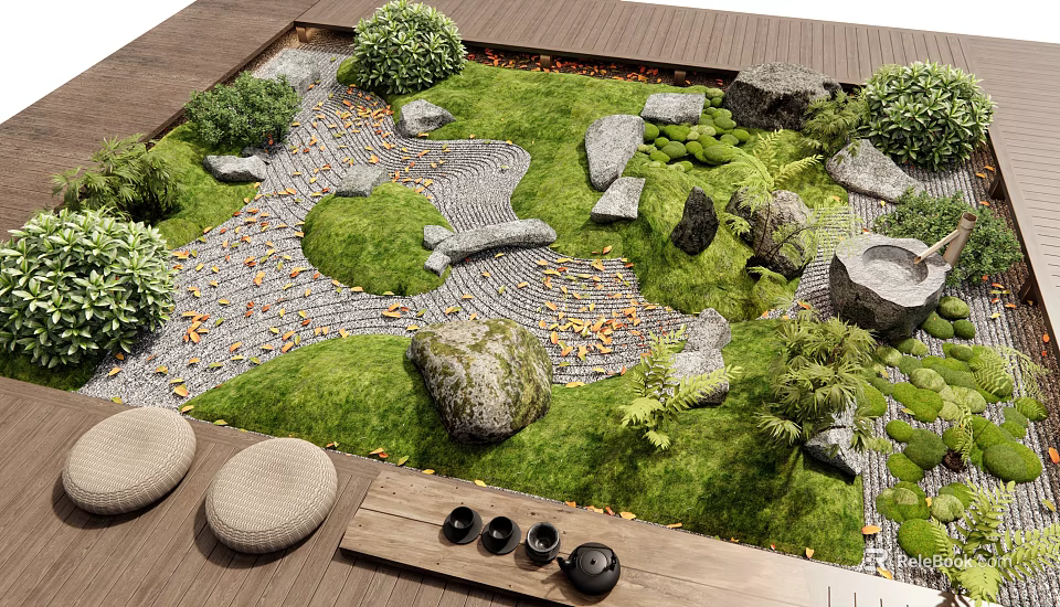 Indoor Zen Landscape With Green Lawn Stones Pathway Wooden Deck Round Cushions And Tea Set 3d model 
