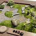 Indoor Zen Landscape With Green Lawn Stones Pathway Wooden Deck Round Cushions And Tea Set