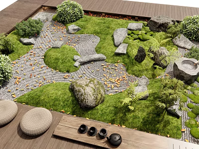 Indoor Zen Landscape With Green Lawn Stones Pathway Wooden Deck Round Cushions And Tea Set 3d model