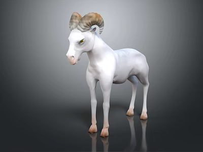 White Ram With Large Curved Horns And Green Eyes Standing On Dark Background With Reflection 3d model