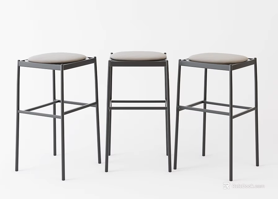 Three Modern Minimalist Bar Stools With Black Metal Frame And Light Seat Cushion 3d model 