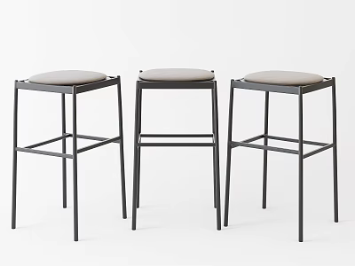 Three Modern Minimalist Bar Stools With Black Metal Frame And Light Seat Cushion 3d model