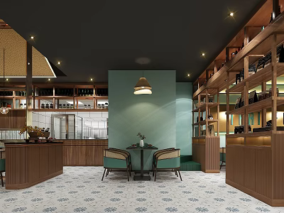 Cozy Restaurant Interior with Teal Wall Wooden Bar Wine Racks Pendant Light Patterned Floor Tiles 3d model