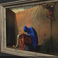 Vintage Framed Oil Painting With Blue Cloaked Figure And Wooden Chest In Cave Like Interior