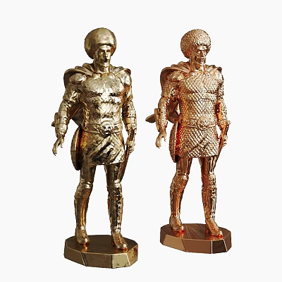 Gold and Rose Gold Warrior Sculptures with Armor and Cloak Standing on Base 3d model