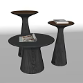 Modern Wooden Side Tables With Dark Conical Base And Stacked Magazines