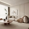 Modern Living Dining Room Interior With White Sofa Wooden Coffee Table Palm Plant And Floor Lamp