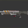 Futuristic Sci Fi Gun with Orange White Stripes Metallic Design and Reflection on Dark Background