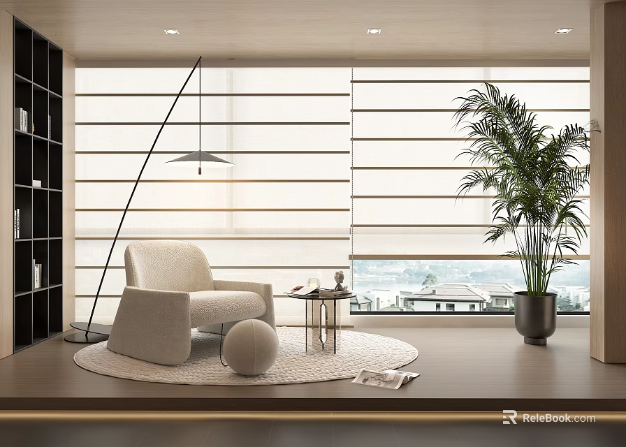 Modern Living Room Interior With White Roller Blinds And Comfortable Chair Green Plant Floor Lamp 3d model 