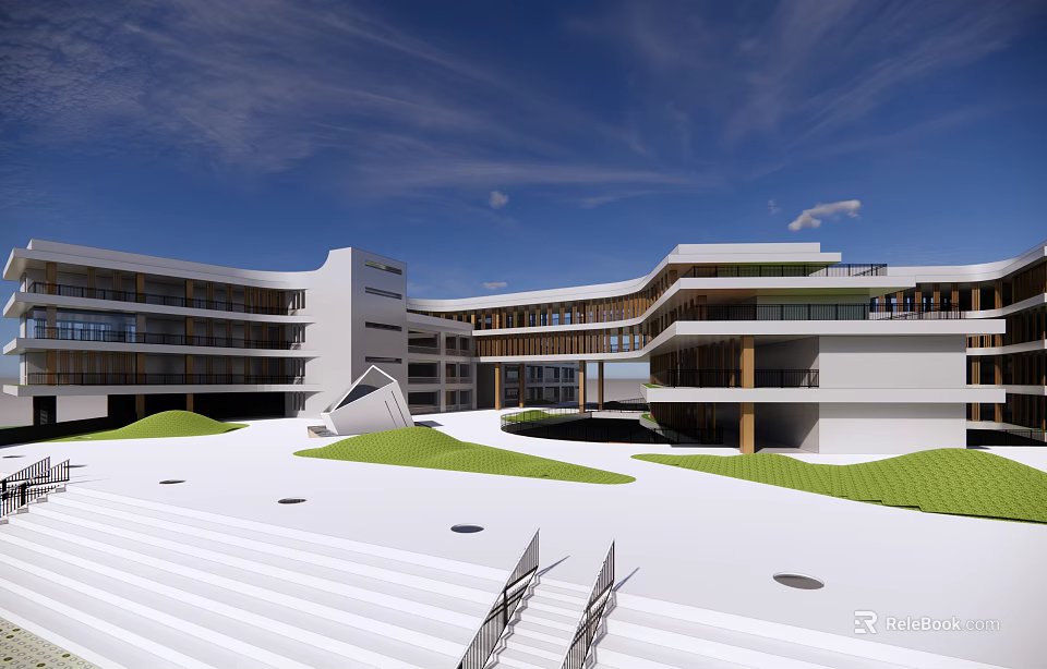 Modern School Building With Architectural Design Multi Storey Structure Green Lawns And Open Steps 3d model 