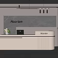 Modern White Reception Desk With Haarlem Logo On Marble Backdrop And Hanging Lights