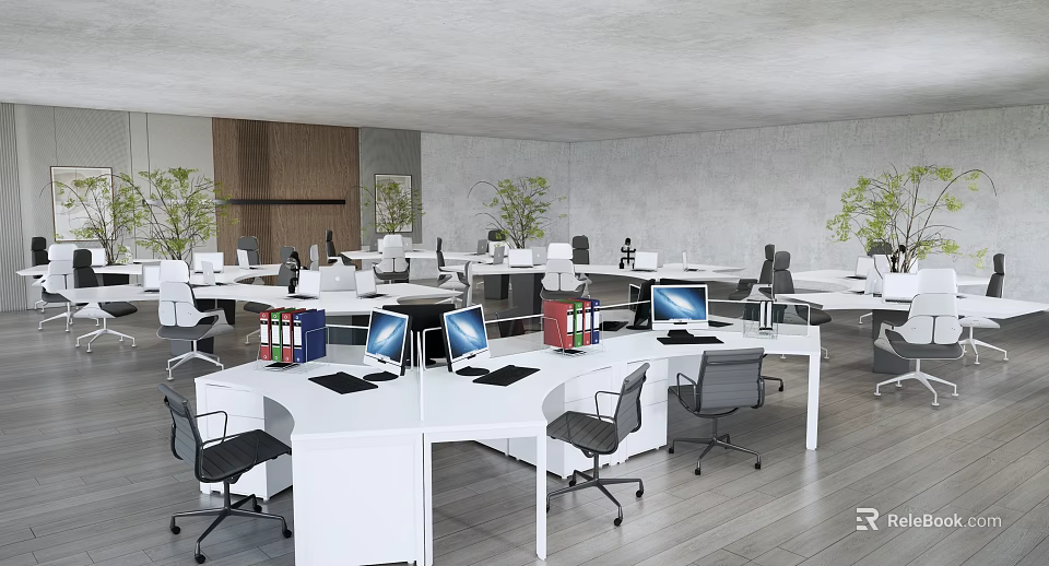 Modern Public Office Space With Open Layout White Desks Computers Office Chairs And Green Plants 3d model 
