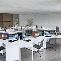 Modern Public Office Space With Open Layout White Desks Computers Office Chairs And Green Plants
