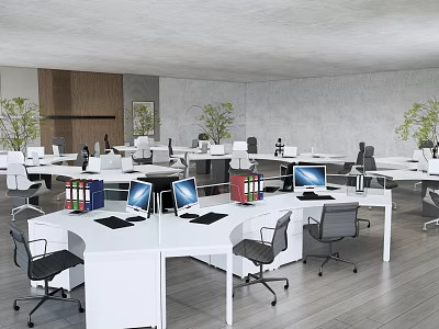 Modern Public Office Space With Open Layout White Desks Computers Office Chairs And Green Plants 3d model