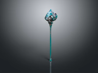 Enchanted Magic Staff Weapon Featuring Blue Silver Top And Green Carved Shaft 3d model