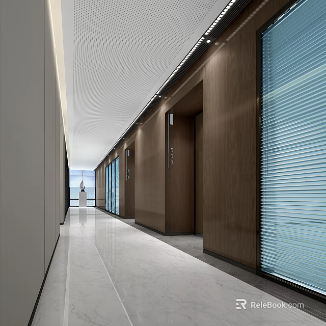Modern Office Corridor Design With Wooden Walls Marble Flooring Glass Partitions And Recessed Lighting 3d model 