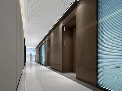 Modern Office Corridor Design With Wooden Walls Marble Flooring Glass Partitions And Recessed Lighting 3d model