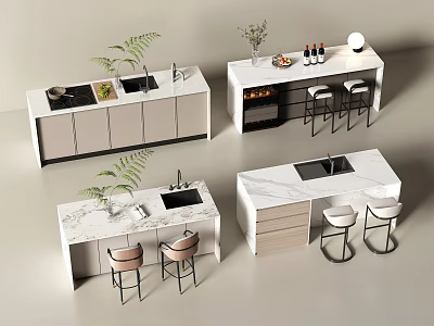 Modern Stylish Bar Counter Design With Marble Top Light Cabinets And Bar Stools 3d model