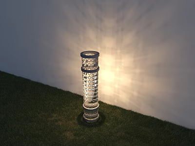 Modern Outdoor Light with Hollow Design Standing on Grass Casting Light Patterns 3d model