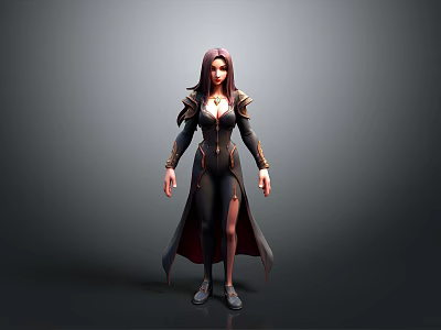 3D Model Woman With Long Hair In Black Coat Gold Trim And Slit Design Standing 3d model