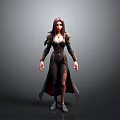 3D Model Woman With Long Hair In Black Coat Gold Trim And Slit Design Standing