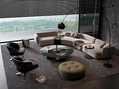 Modern Living Room Sofa And Coffee Table Set With Armchairs Ottoman Floor Lamp And Rug 3d model