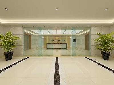 Modern Service Hall Entrance With Glass Doors Reception Desk Marble Floor And Green Plants 3d model