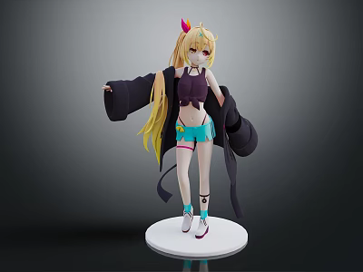 Anime Style 3D Character Model With Horns Long Golden Hair Purple Top And Blue Shorts 3d model