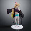 Anime Style 3D Character Model With Horns Long Golden Hair Purple Top And Blue Shorts