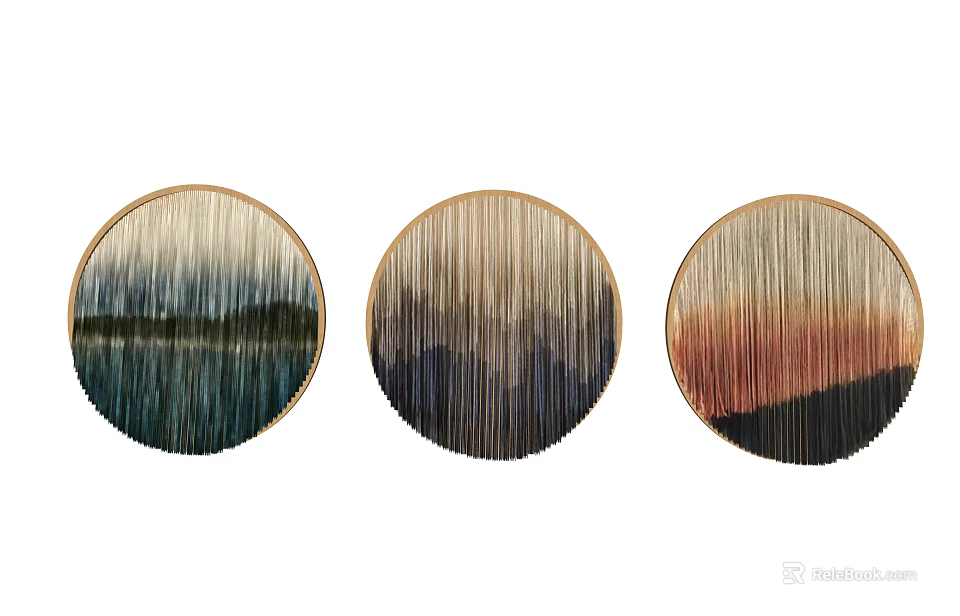 Three Circular Abstract Decorative Paintings With Gradient Colors And Textured Lines 3d model