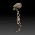 Man in Alien Costume with Large Eyes and Slender Body on Black Background