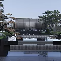Modern Garden Landscape Featuring Black Stone Walls Bonsai Tree Wooden Pergola And Grass Lighting