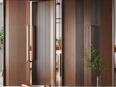 Modern Wooden Room Divider Interior Design With Sliding Doors Metal Handles And Green Plants 3d model