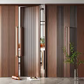 Modern Wooden Room Divider Interior Design With Sliding Doors Metal Handles And Green Plants