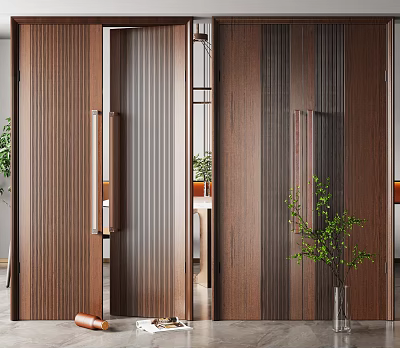 Modern Wooden Room Divider Interior Design With Sliding Doors Metal Handles And Green Plants 3d model