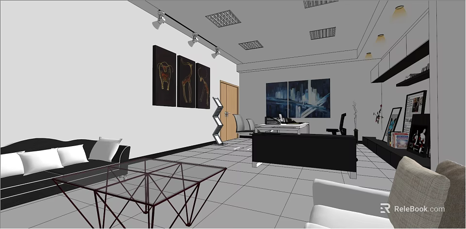Modern Office Interior Design With Executive Desk Sofa And Decorative Paintings 3d model 