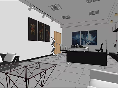 Modern Office Interior Design With Executive Desk Sofa And Decorative Paintings 3d model