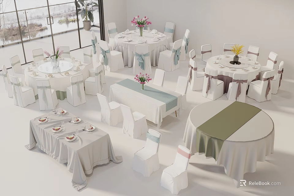 Elegant Dining Table Sets With Various Shapes Tablecloths Chair Covers And Flower Decorations 3d model 