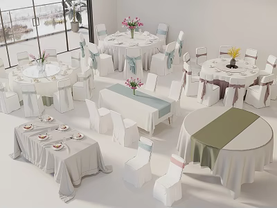 Elegant Dining Table Sets With Various Shapes Tablecloths Chair Covers And Flower Decorations 3d model