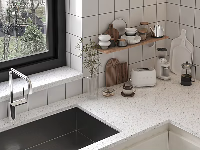 Clean Kitchen Counter With Stainless Steel Sink Cooking Utensils On Wooden Tray And Small Appliances 3d model
