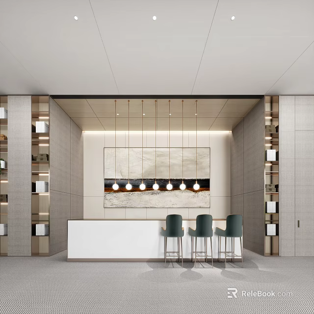 Modern Lounge Area With Reception Counter Green Chairs And Art Decor 3d model 
