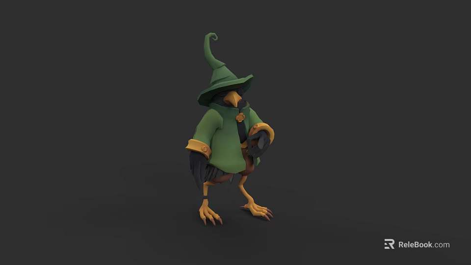 Bird Like Game and Movie Character With Green Wizard Hat Green Cloak Yellow Claws 3d model 