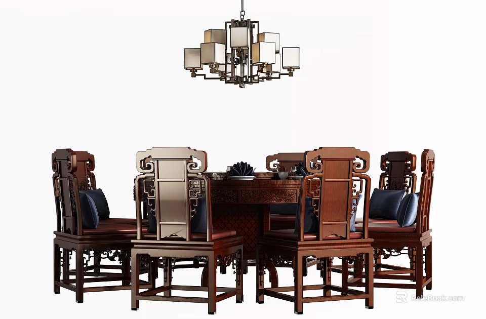 Chinese Style Solid Wood Dining Table Set With Carved Chairs And Hanging Chandelier 3d model
