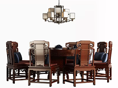 Chinese Dining Table and Chair Combination Solid Wood Dining Table Chandelier Redwood Dining Table 3d model