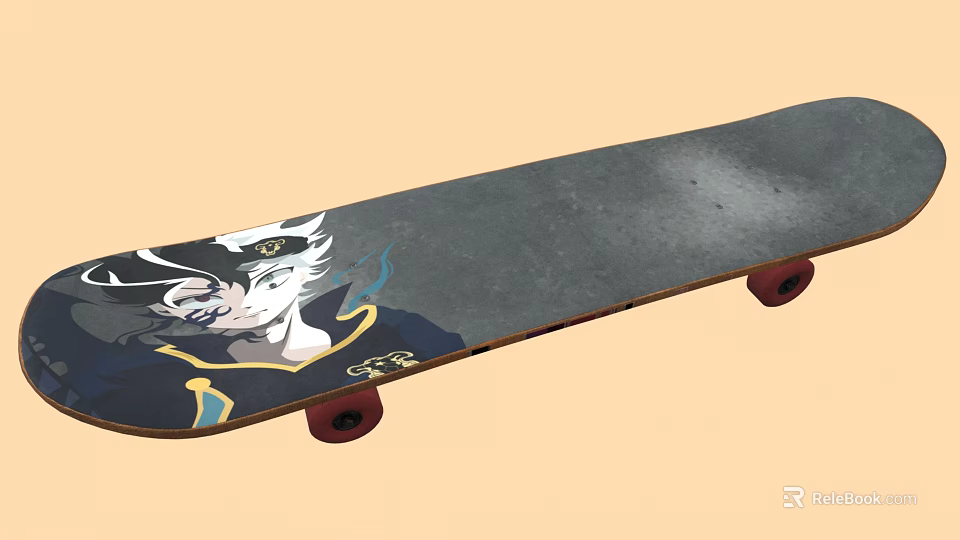 Sports Equipment Skateboard With Anime Character Design Gray Deck And Red Wheels 3d model 