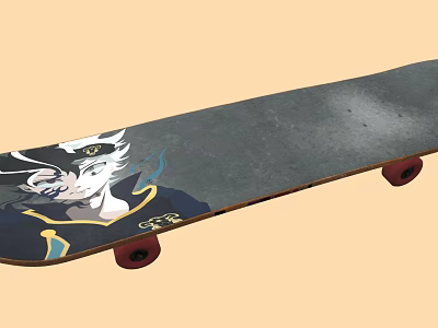Sports Equipment Skateboard With Anime Character Design Gray Deck And Red Wheels 3d model